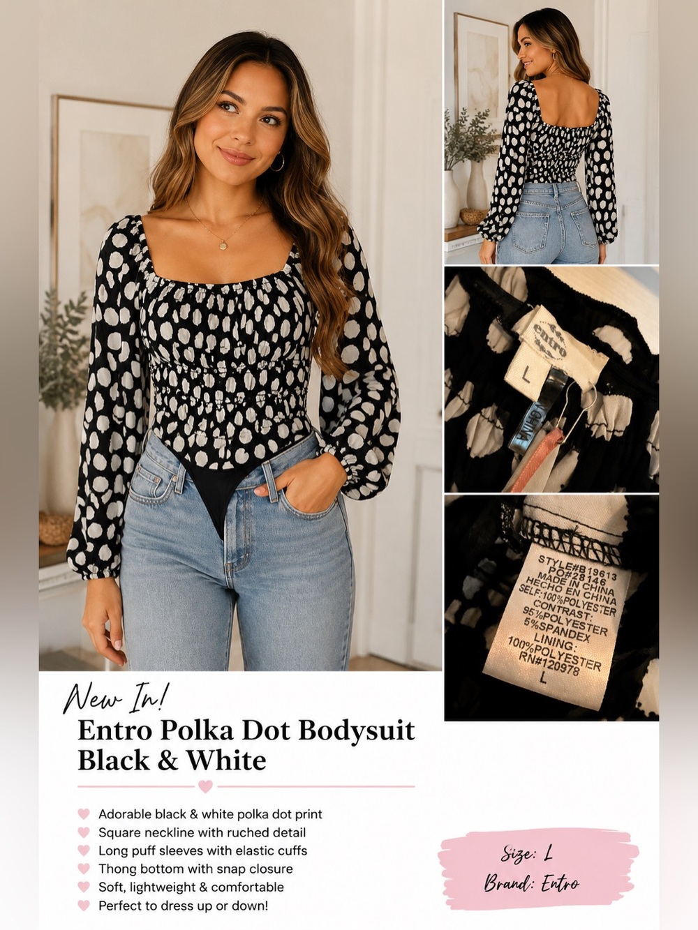 Entro Polka Dot Bodysuit Black White Size L